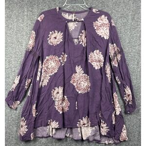 Free People Purple Floral Boho Tunic Top Women's S/P Oversized Long Sleeve